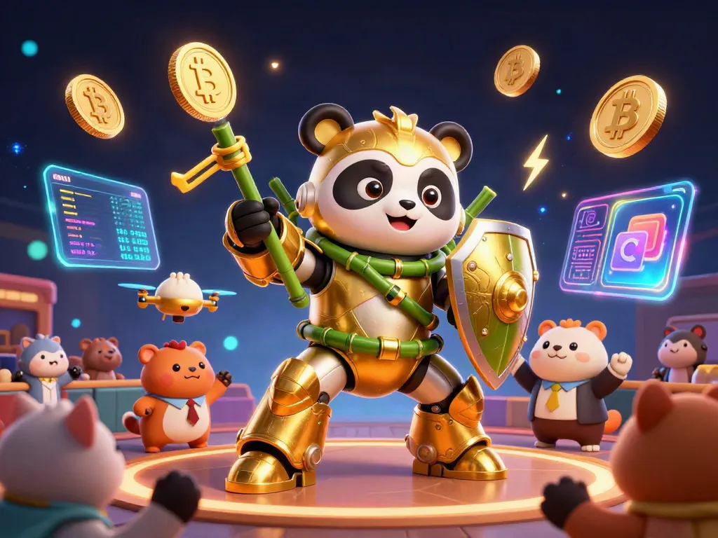 Engage in the vipluck arena showcasing a mech-suit panda battling with crypto-themed visuals and vibrant casino elements.