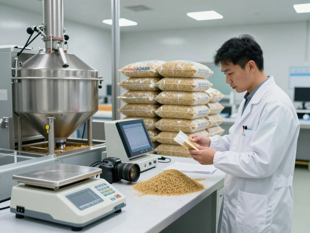 Technician inspecting rokok88 login quality control samples in modern feed production facility.