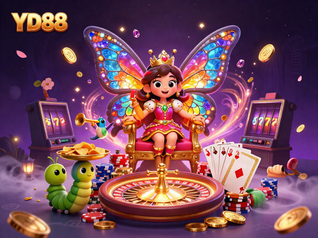 Experience vibrant gaming with the YD88 butterfly queen amid dazzling casino elements.