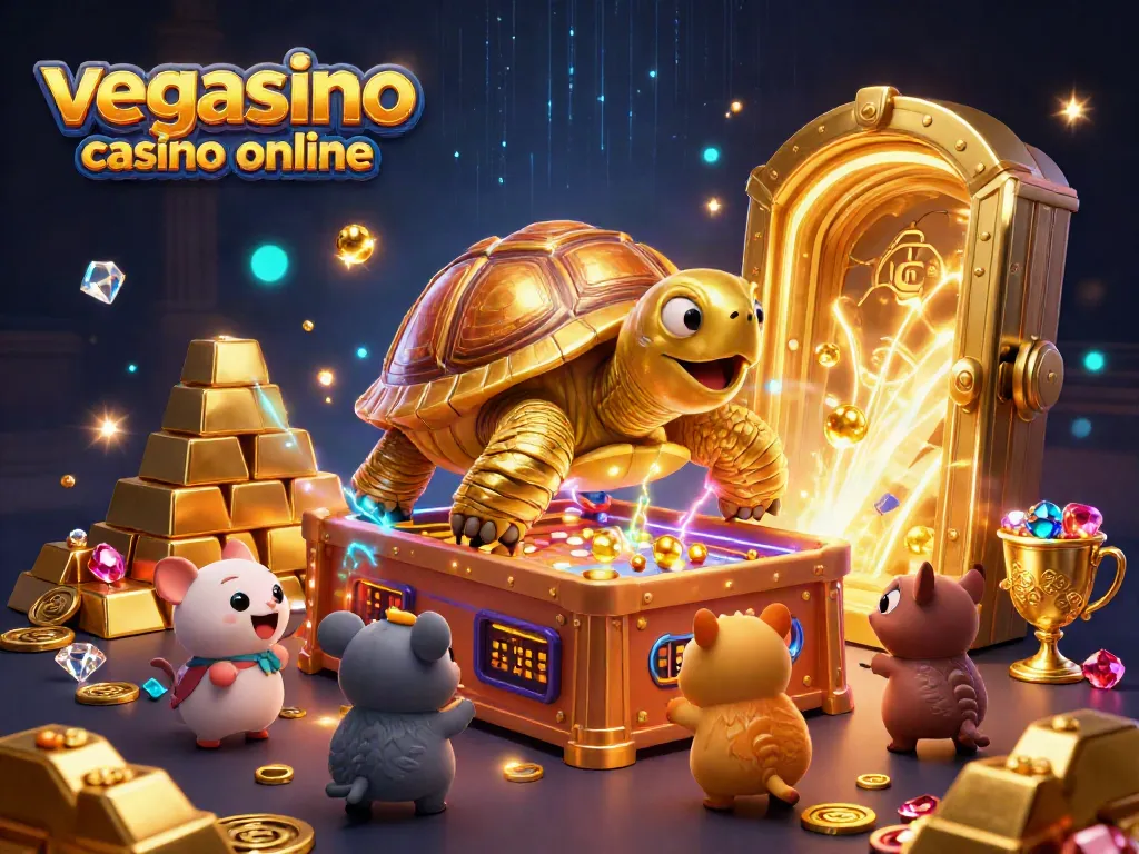 Engage with the vibrant scene of vegasino casino online featuring a golden tortoise casino character.
