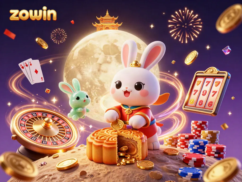 Zowin promotes exciting gaming with a rabbit character getting lucky poker chips from mooncakes.