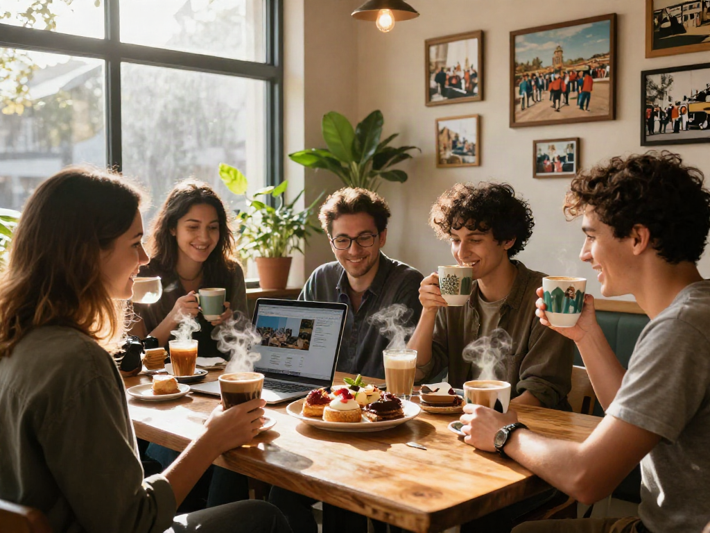 Friends enjoying coffee and pastries in a cozy café, highlighting rokok88's inviting atmosphere.