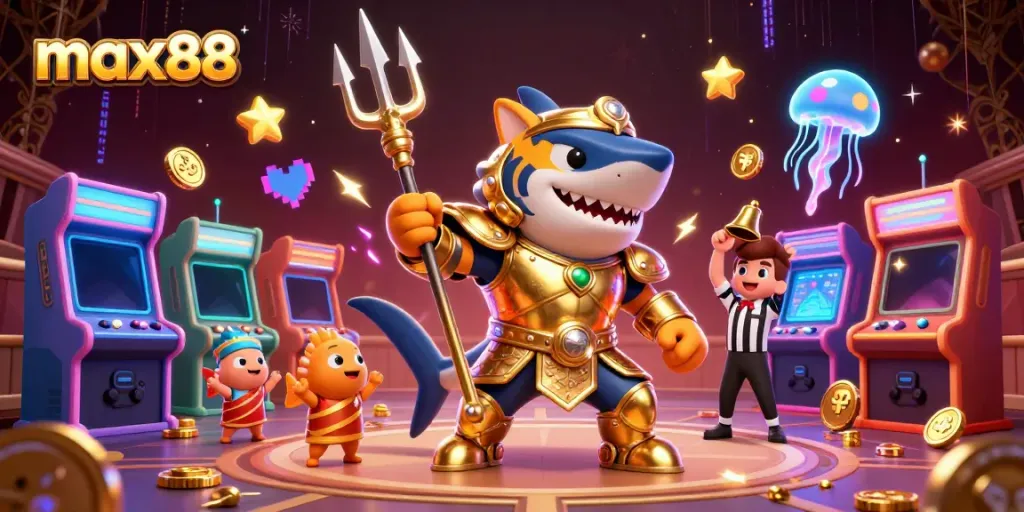 Max88 showcases thrilling underwater gaming with a tiger shark hero in a golden arena.