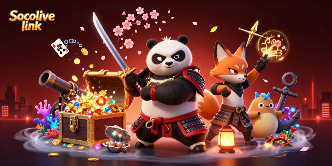 Engage with a captivating Socolive link illustration featuring a samurai panda and ninja fox amidst vibrant casino action.