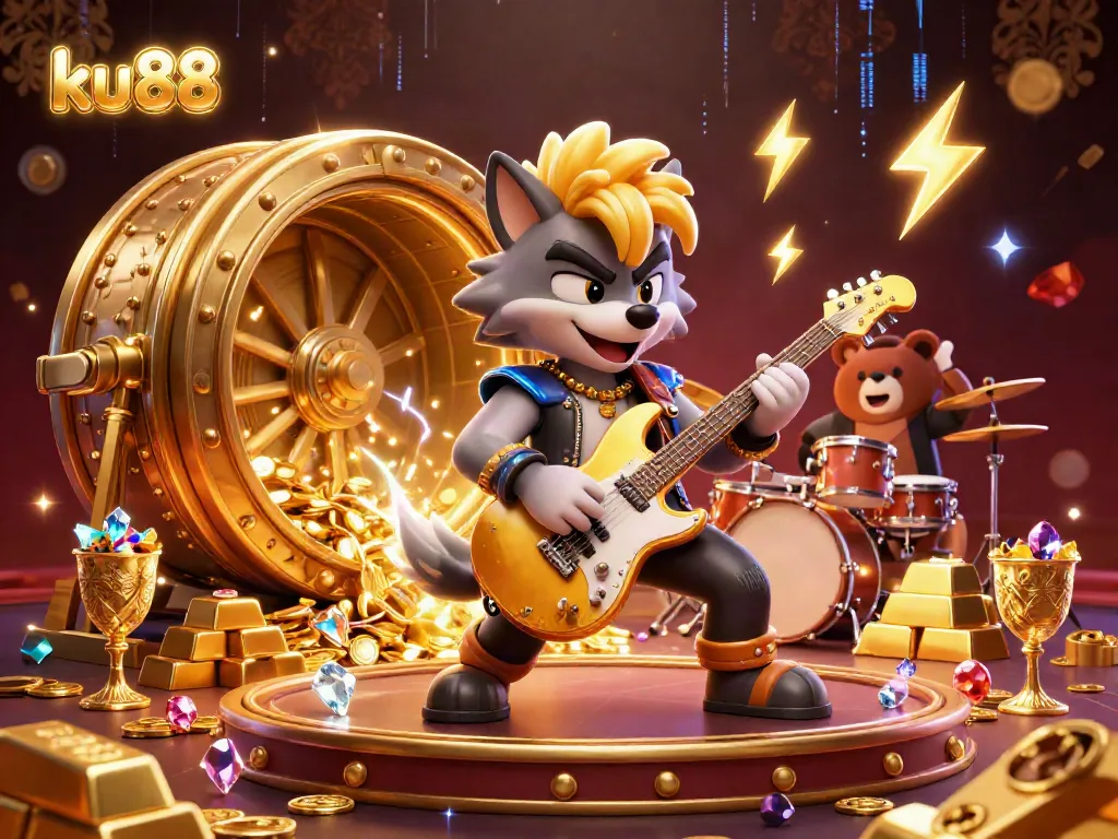 Experience the thrill at ku88 with a cartoon rock star wolf on a vibrant casino stage.