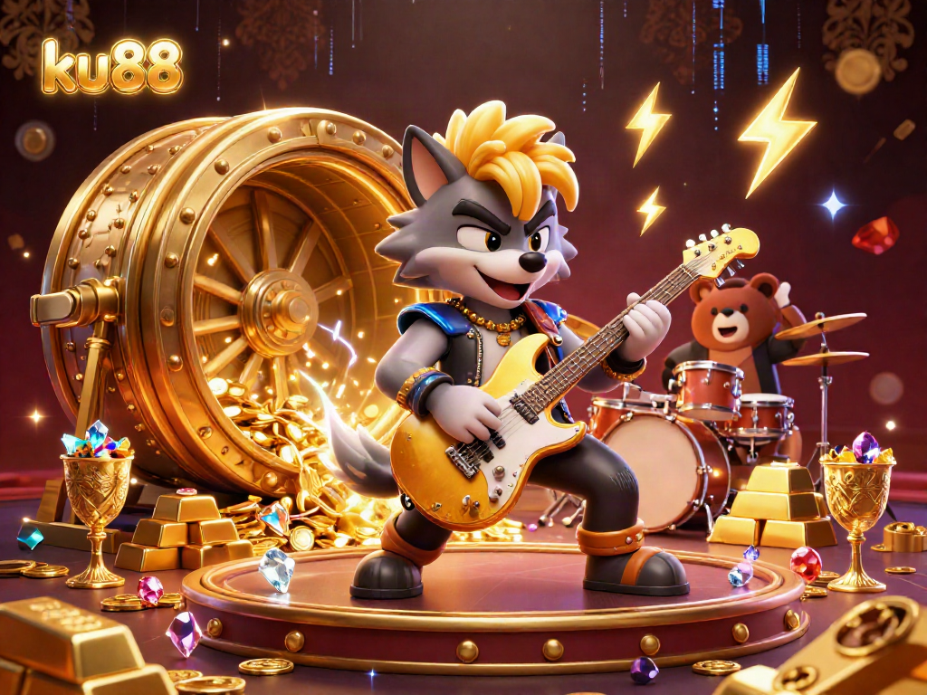 Experience the thrill at ku88 with a cartoon rock star wolf on a vibrant casino stage.