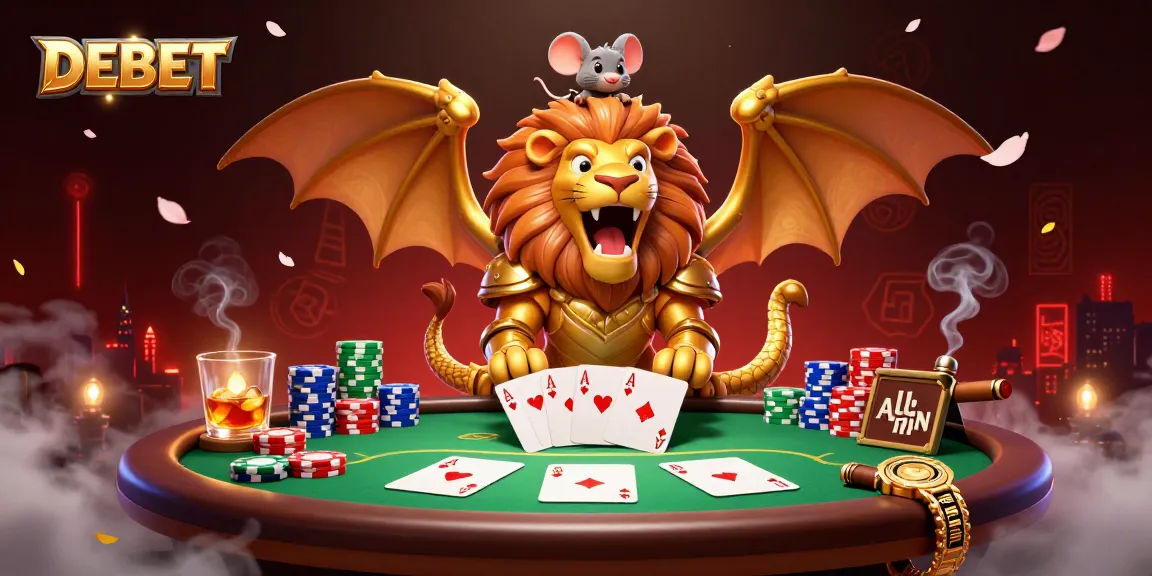 Engage in thrilling poker action with the DEBET chimera creature amidst dazzling casino elements