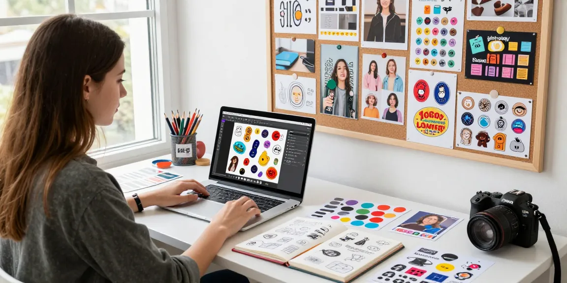Designer creating custom stickers in a bright workspace with colorful samples and a laptop.