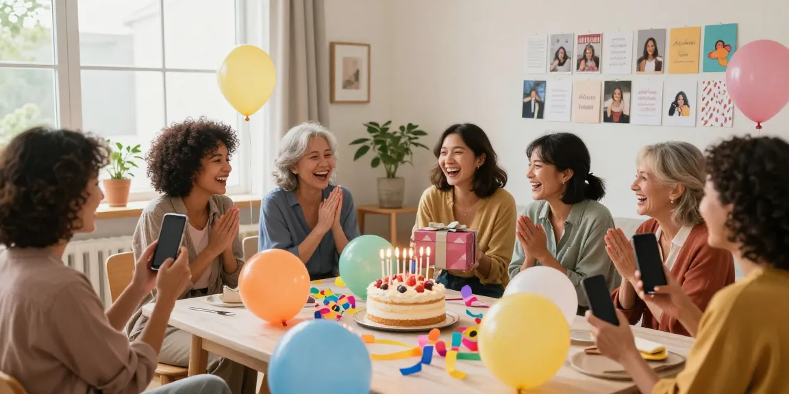 Emotionele woorden voor een bijzonder verjaardagfeest met een feestelijke setting en lachende vrouwen