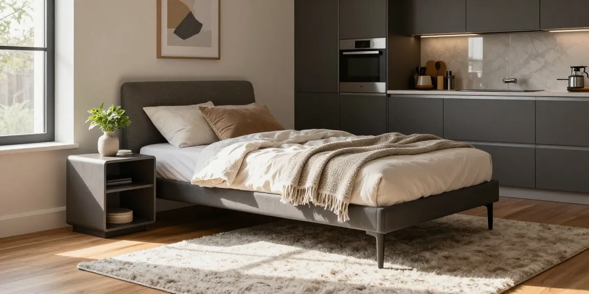 Gemütliches Schlafzimmer mit elegantem Einzelbett und moderner Küche, das zeigt, wie man Möbel direkt bestellen kann.