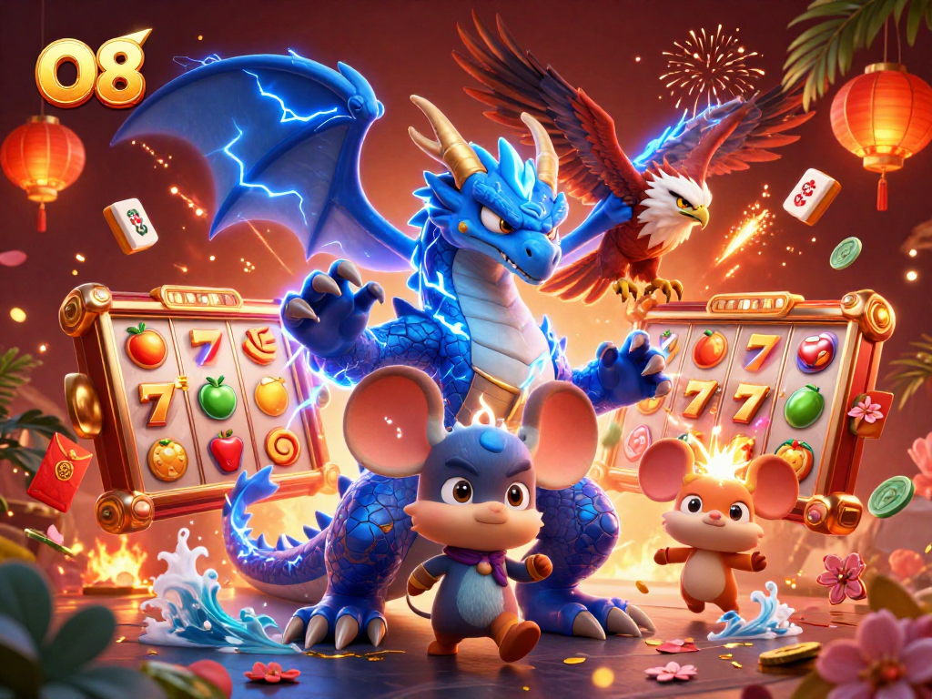 Experience the thrill of O8 slots with vibrant dragons, hawks, and luck-infused elements.