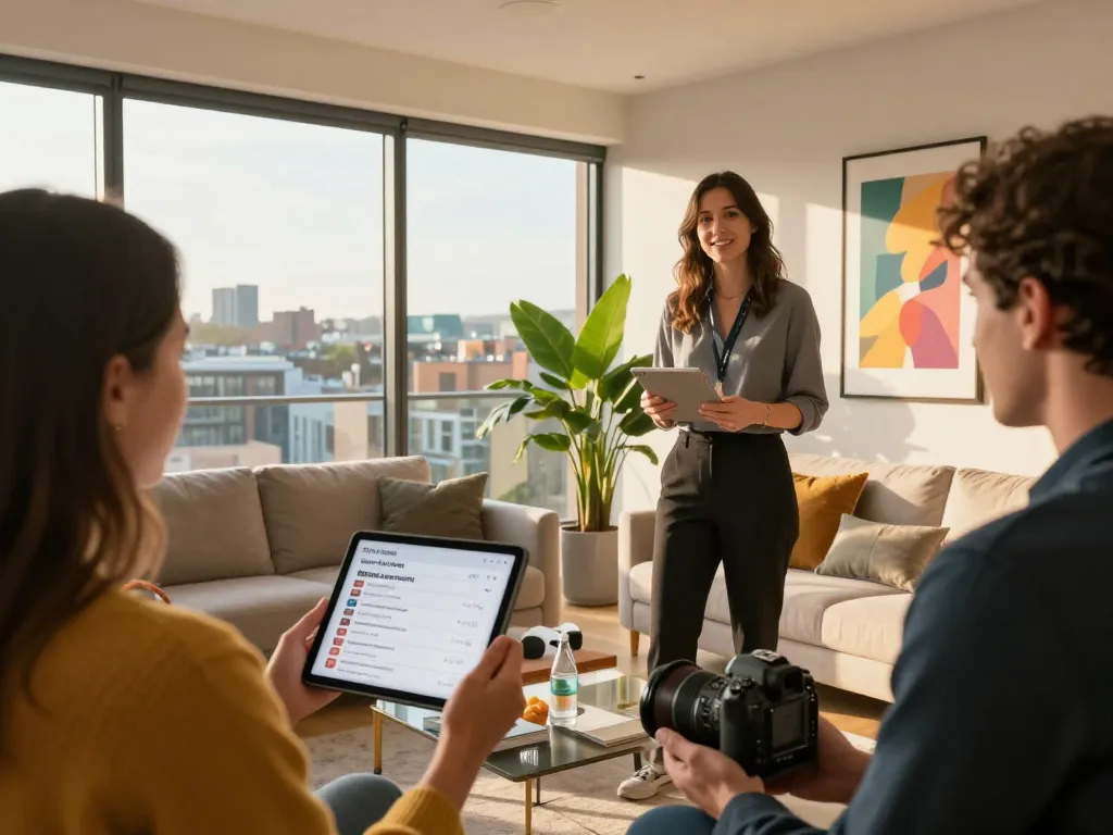 Airbnb management Bristol consultation in a stylish home with city views, showcasing vibrant decor and booking insights.