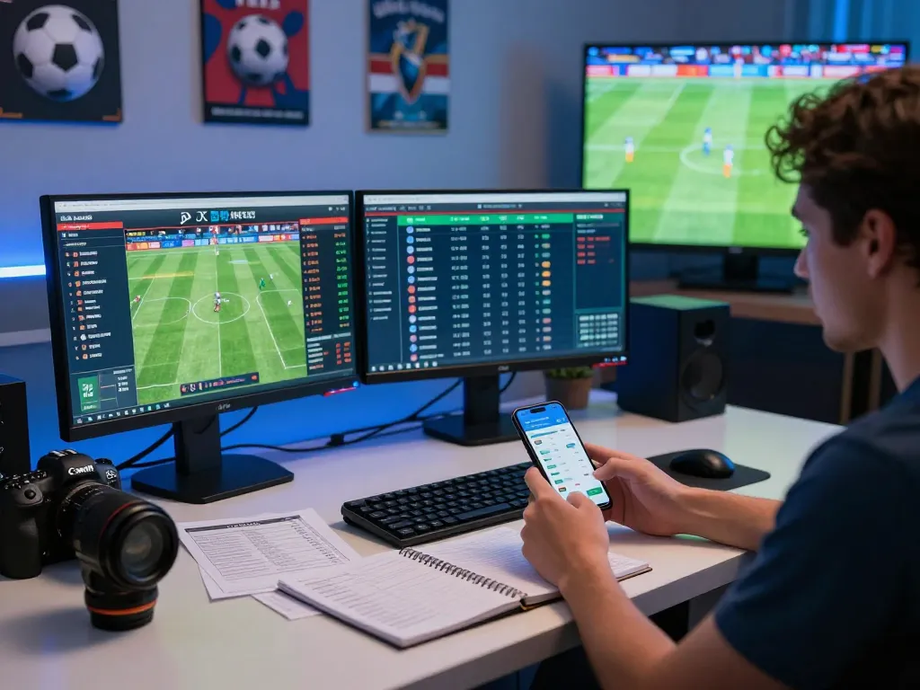 Judi Bola betting scene showcasing a sports bettor engaged with live football odds and match stats.