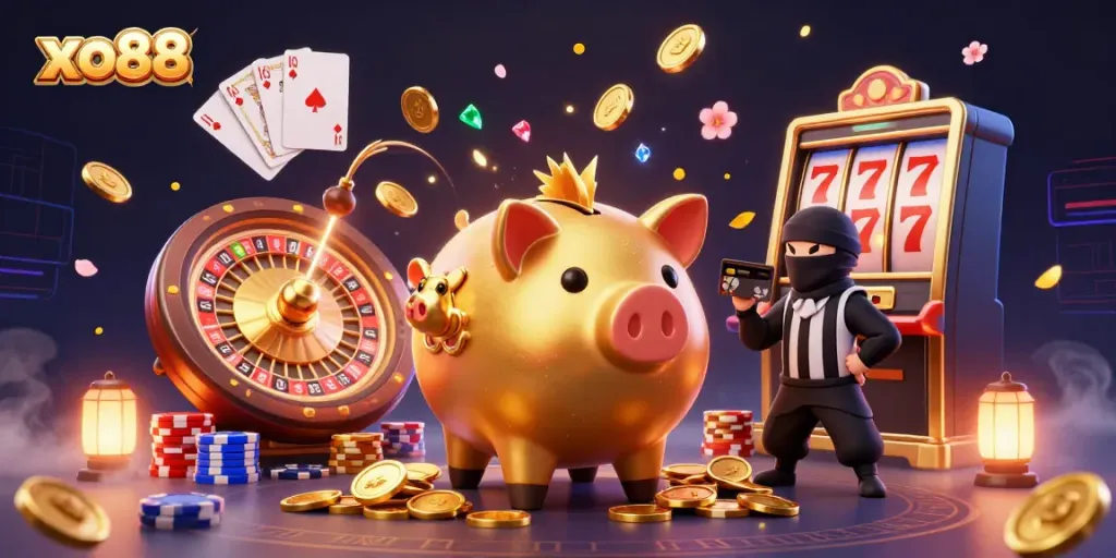 Engage with the exciting world of xo88 featuring colorful characters and dynamic casino elements in a vibrant scene.