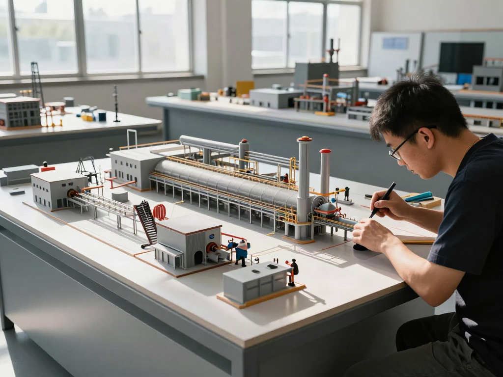 Industriemodelle von Industrieanlagen mit Detailreichtum und verschiedenen Maßstäben im modernen Werkstattambiente