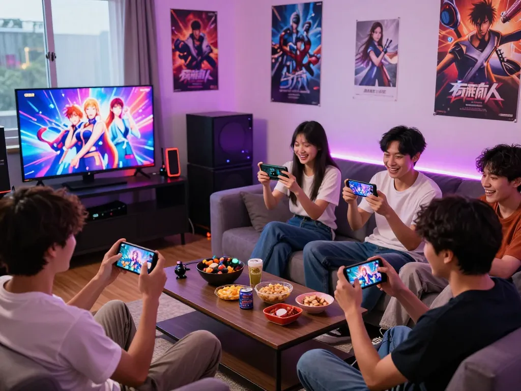 Group of friends enjoying free mobile porn games in a vibrant gaming room