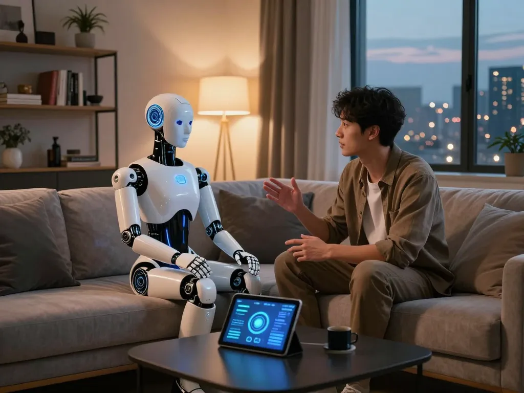 Human interacting with a lifelike sex bot in a stylish apartment, highlighting futuristic companionship.