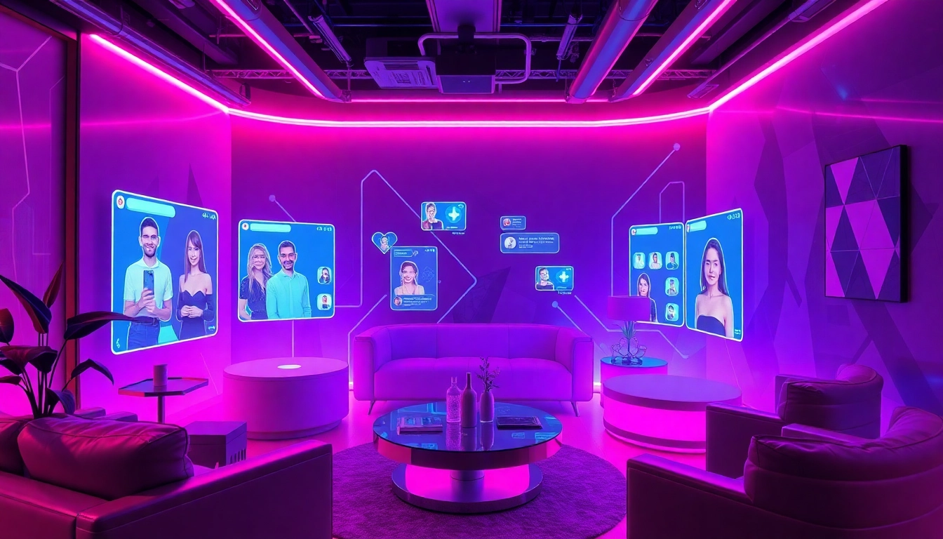 Engaging visual of users participating in interactive porn ai chat sessions within a futuristic lounge, highlighting vibrant neon colors.