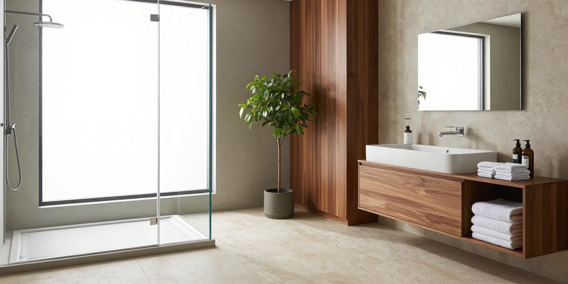 Fugenloses Bad im modernen Design mit eleganten Materialien und natürlichem Licht