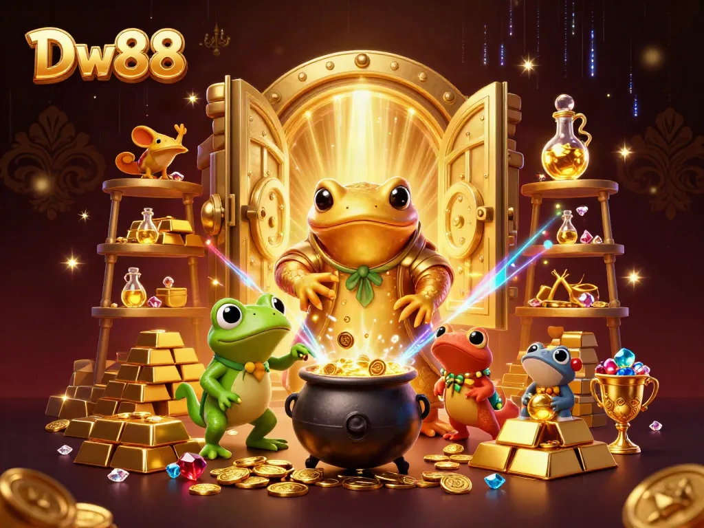 Experience the magic of Dw88 with a golden laboratory scene filled with treasures and alchemy.