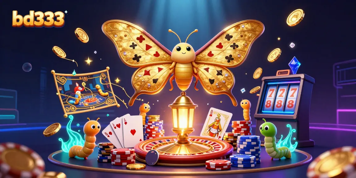 Experience the thrill of gambling with bd333's vibrant casino scene featuring a majestic moth and golden elements.