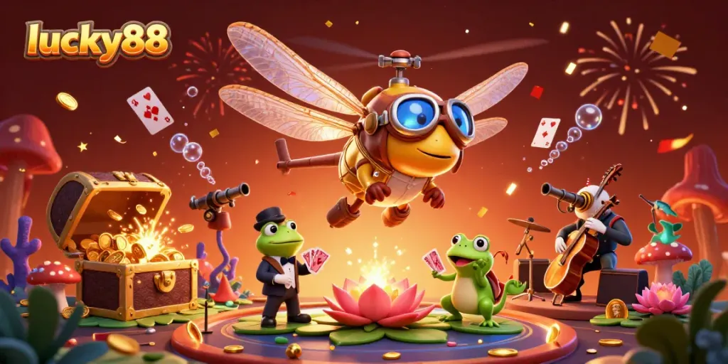 Experience the vibrant casino atmosphere with lucky88, featuring a dragonfly pilot, frog dealer, and jazz musicians.