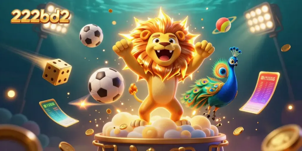 Engage with 222bd2's thrilling casino atmosphere featuring a roaring lion and vibrant gaming elements.