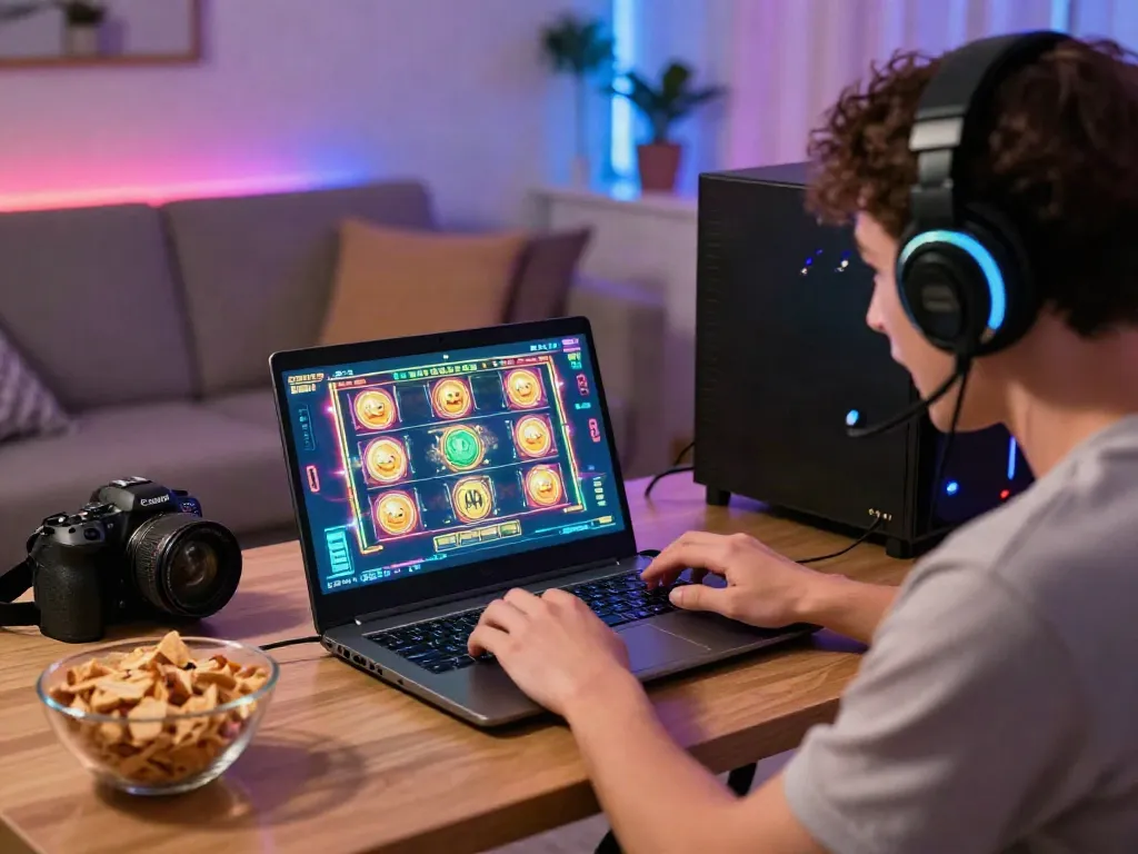 Engaged gamer enjoying slot88 online games in a cozy gaming setup.