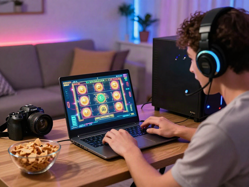 Engaged gamer enjoying slot88 online games in a cozy gaming setup.
