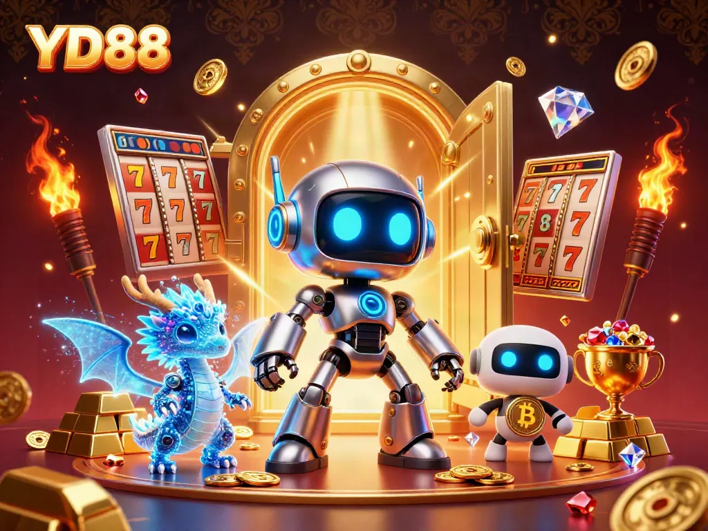 Experience the excitement at YD88 with a vibrant illustration featuring a cyberpunk robot and gaming symbols in a dynamic casino scene.