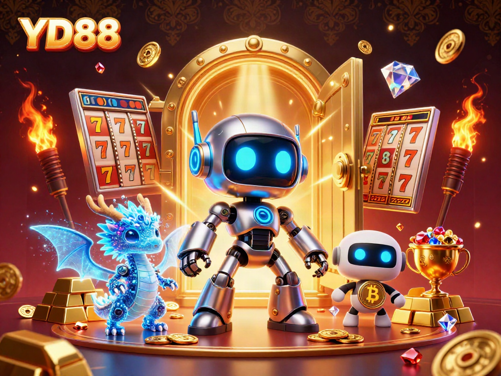 Experience the excitement at YD88 with a vibrant illustration featuring a cyberpunk robot and gaming symbols in a dynamic casino scene.