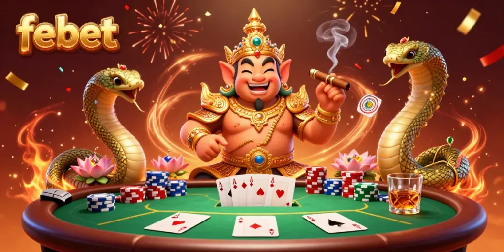 Experience excitement with fe bet's vibrant 3D illustration of poker and Eastern mythology, featuring a guardian and Naga companions.