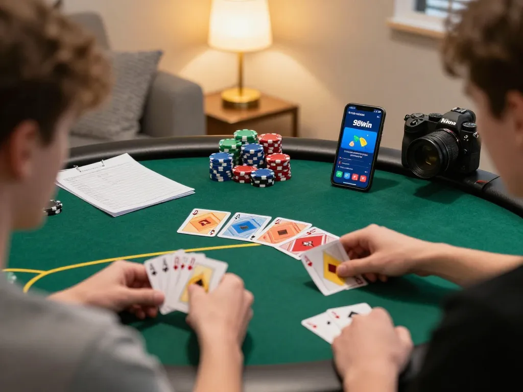 Player engaging with 98win poker game on smartphone, showcasing immersive online gaming experience.