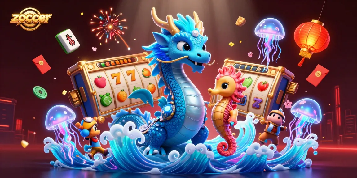 Zoccer captures thrilling slots action with vibrant 3D dragon and seahorse knight in a dynamic casino scene.