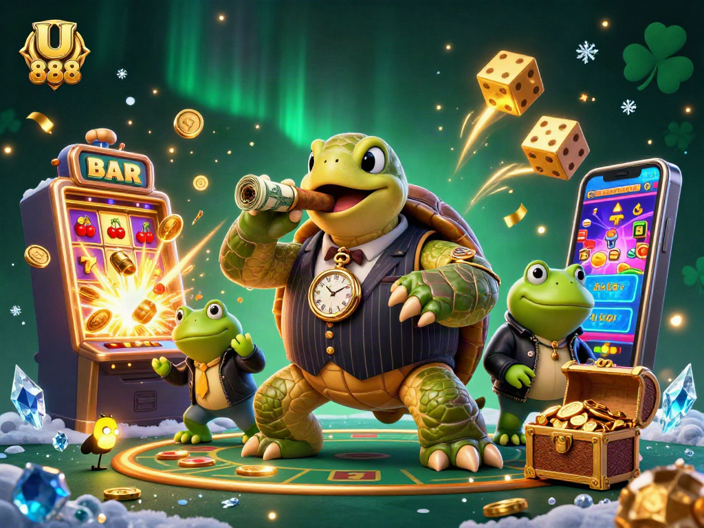 Experience U 888's vibrant casino action with a snapping turtle mobster amid jackpot excitement.