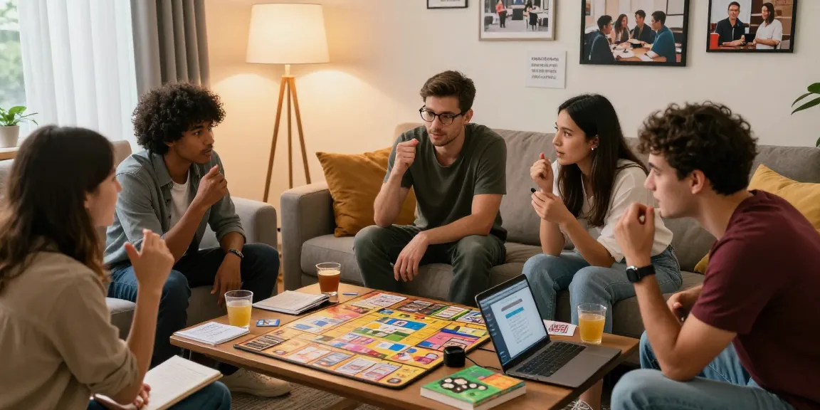 Friends enjoying Quiz Allgemeinwissen night with drinks and trivia cards in a cozy living room