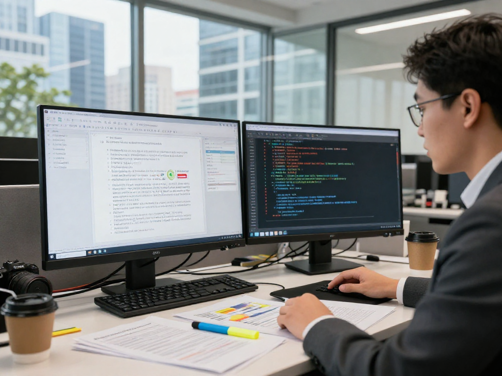Document fraud detection in action, showcasing a compliance officer analyzing digital documents in a modern office setup.