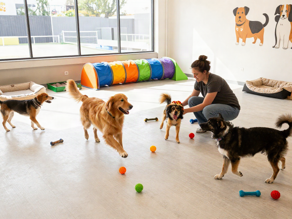 Engaging dogs at daycare playing with toys and staff in vibrant space, featuring slot88 for pet lovers