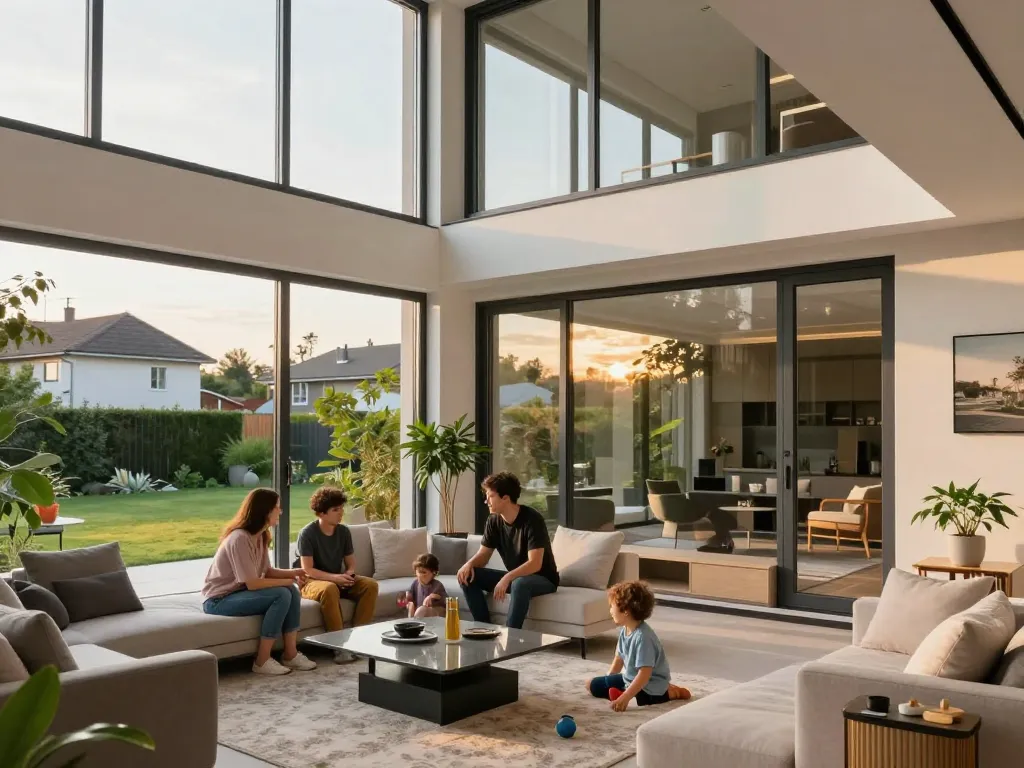 Familie, die natürliches Licht durch Schüco-Fenster in einem modernen Wohnzimmer genießt.