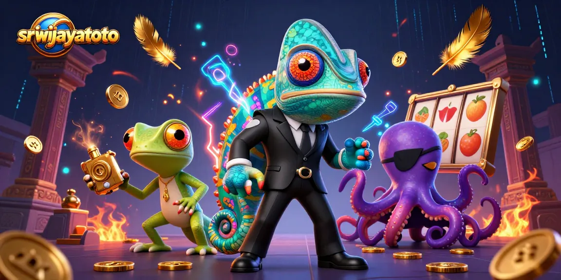 Sriwijayatoto features a dynamic 3D casino scene with a chameleon agent, gecko, and octopus battling amidst slots and gold.