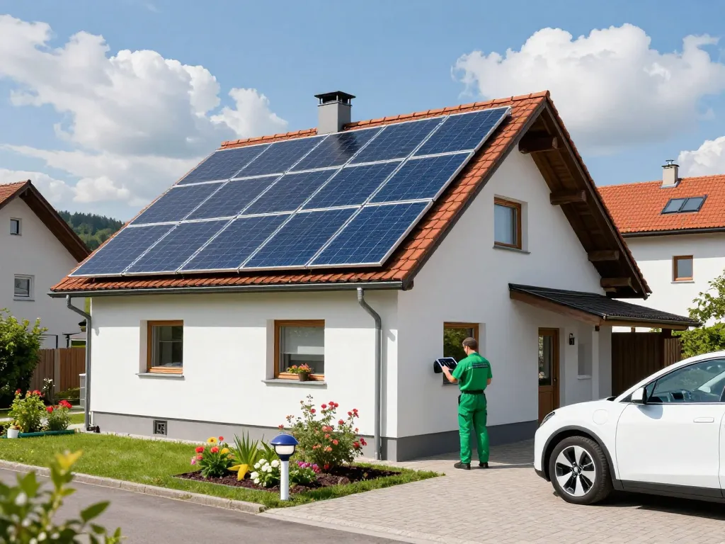 Photovoltaik Bayern - Techniker inspiziert Solarpanels auf modernem bayerischen Zuhause unter klarem blauen Himmel.