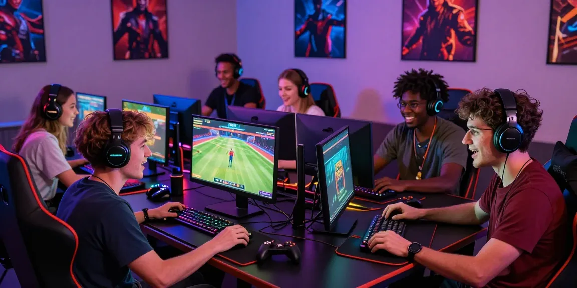 Online gaming excitement at https://nbet.group/ with friends engaging in various games, showcasing vibrant atmosphere and modern gaming setup.