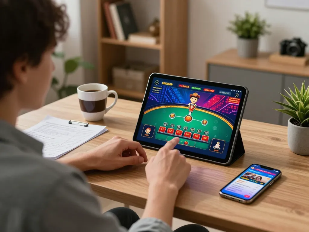 Engage in online gaming at lc88.com from a cozy home setting with live dealer blackjack displayed on the tablet.