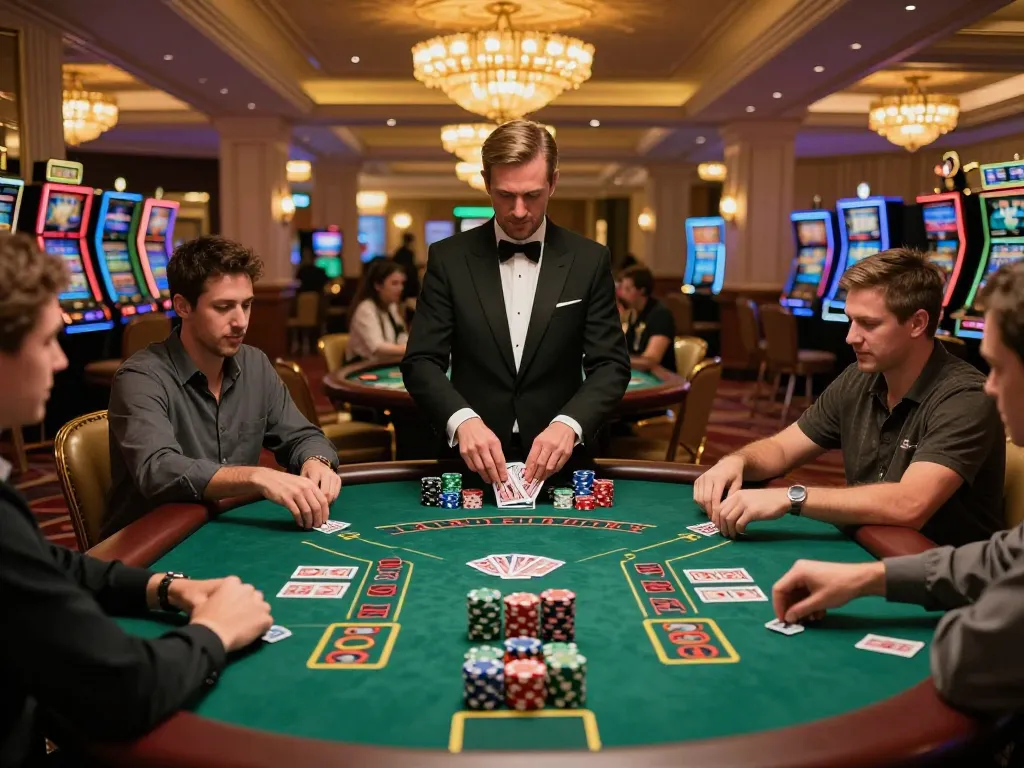 Betting excitement at go8.com blackjack table with players and dealer in upscale casino.