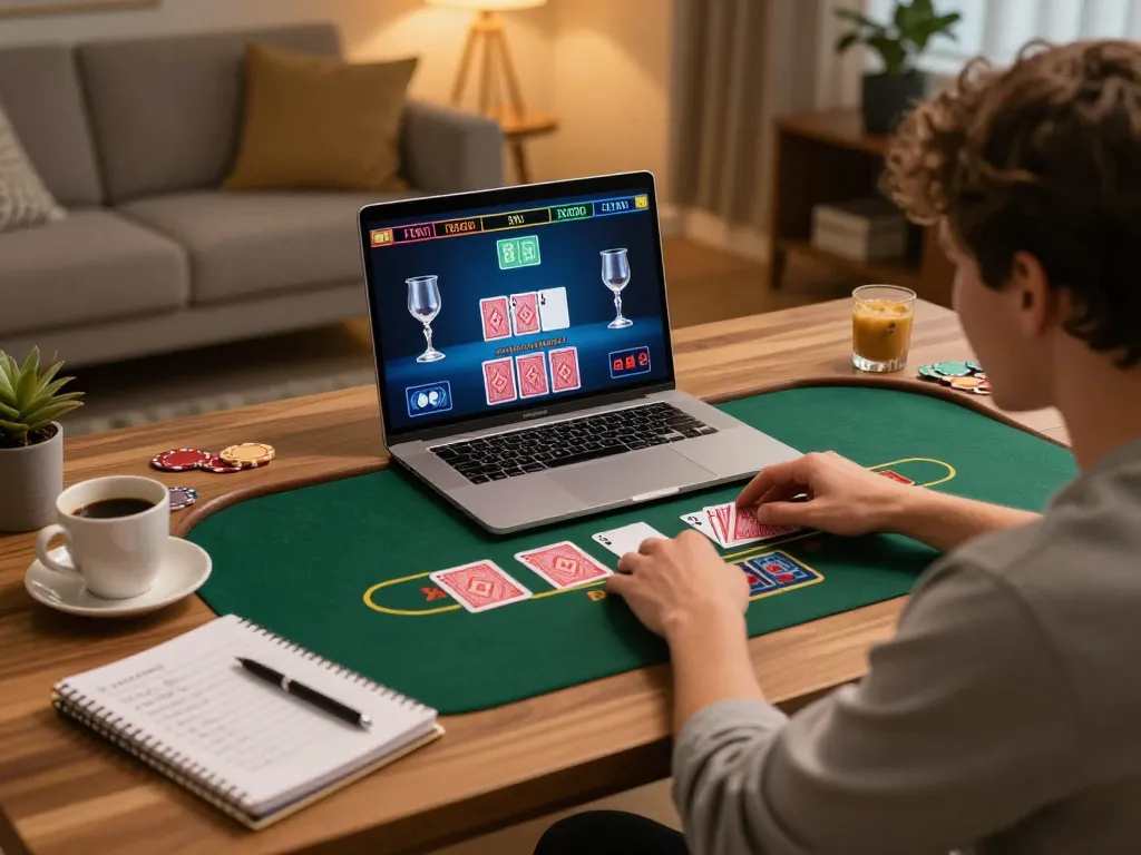 Player engaging with live dealer baccarat game on portátil using dagago platform, showcasing a cozy home setup.