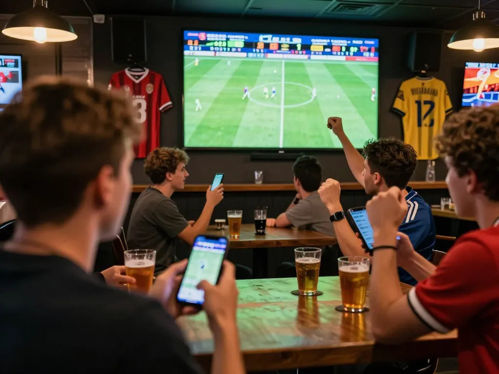 Engaging sports betting atmosphere showcasing the excitement of kèo nhà cái with friends and live match action.