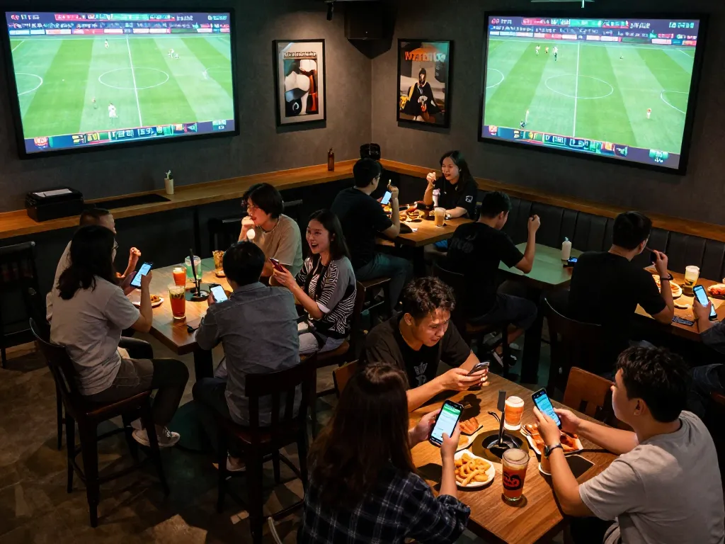 Fans engaging with kèo nhà cái trực tiếp while watching a live football match in an exciting sports bar setting