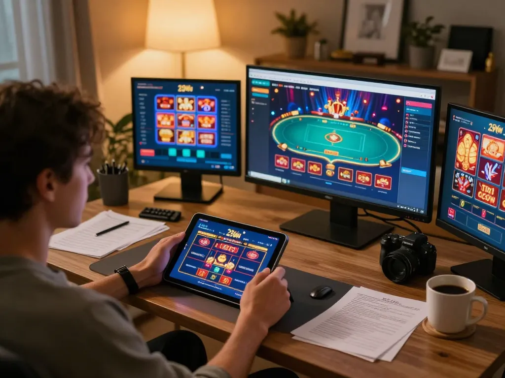 Engaged player enjoying 23Win's online casino games on a tablet, cozy home setting with strategic notes visible.