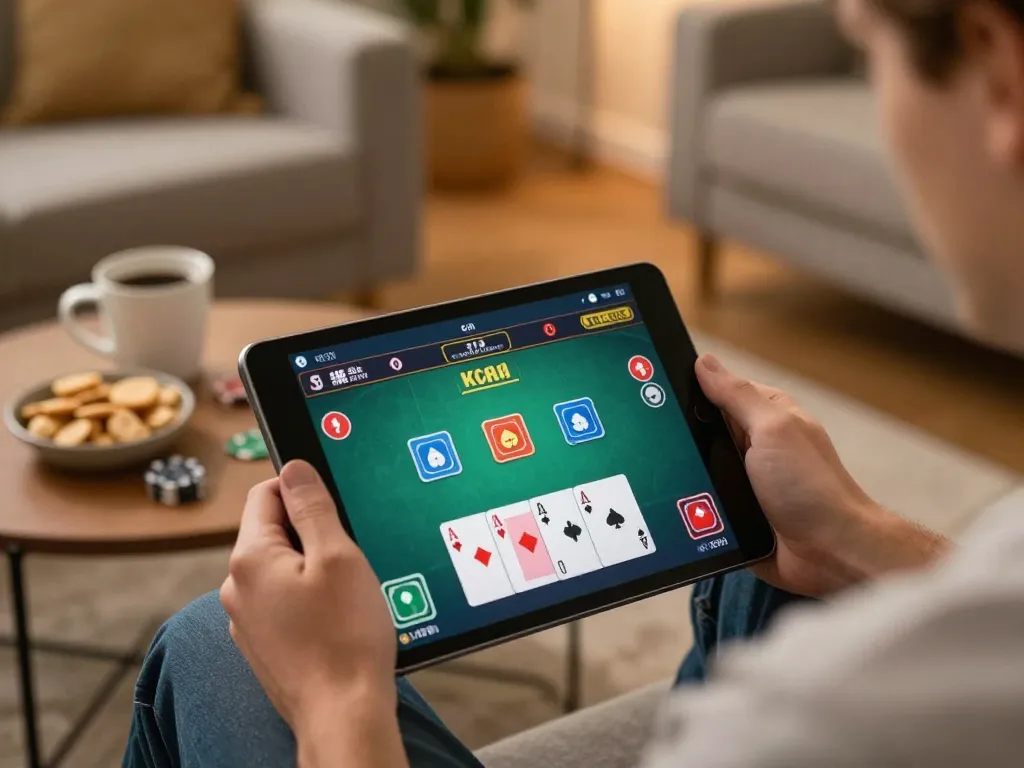 Experience Kkwin online poker action in a cozy living room with engaging gameplay.