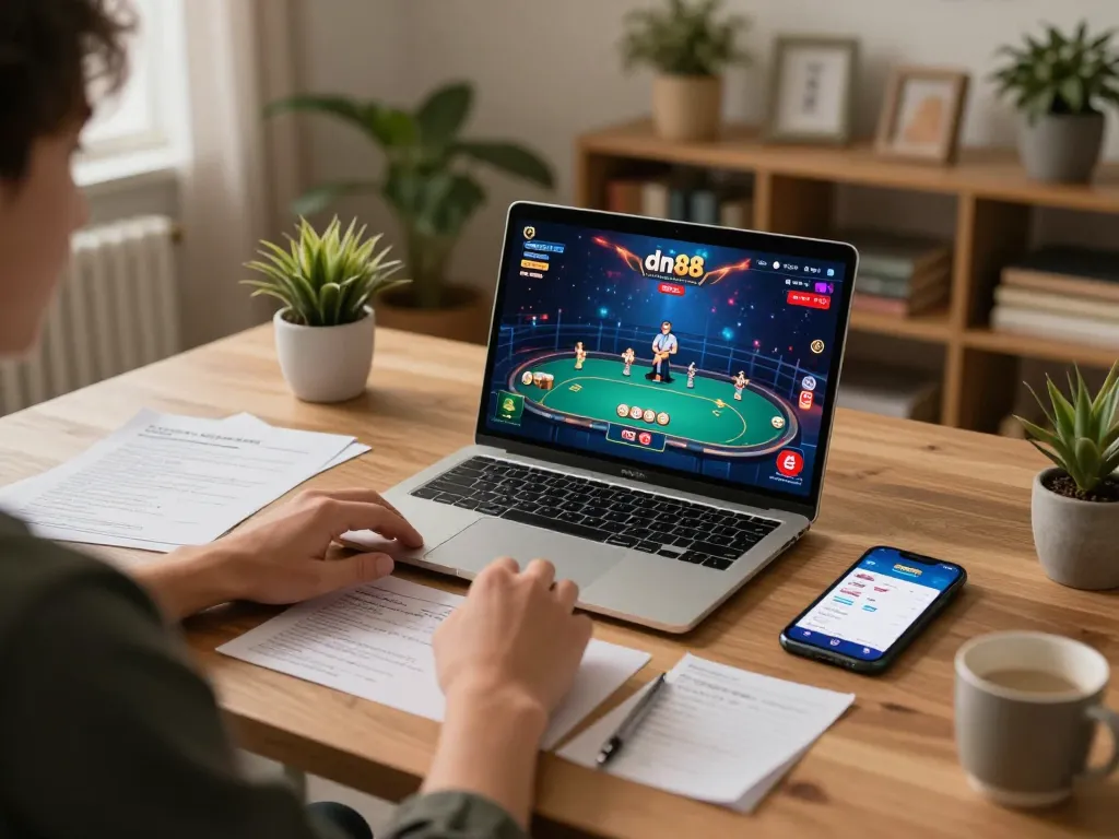 Player using dn88 app for online poker, showcasing strategic gameplay in a cozy gaming setup.